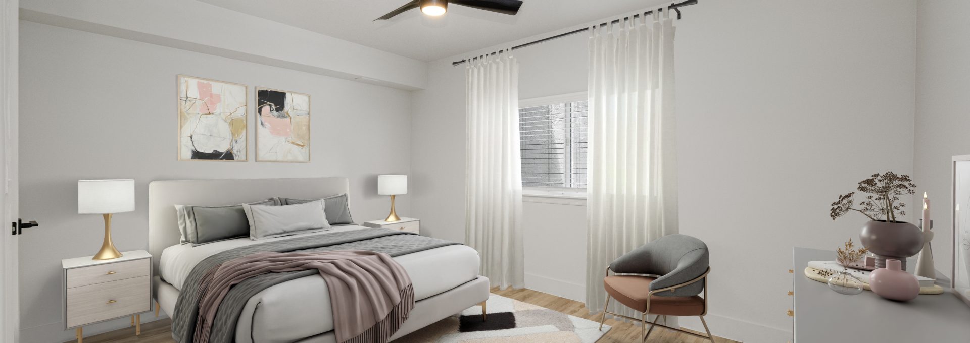 a rendering of a bedroom with a bed and a fan at The Palm Haven